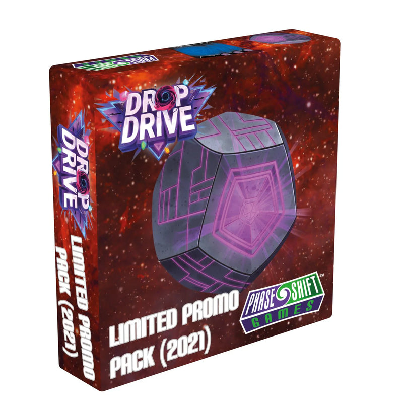 Drop Drive Limited Promo Pack (2021) board game box featuring a purple geometric dodecahedron against a starry red nebula background. The box displays the PhaseShift Games logo and showcases dramatic space-themed artwork with glowing purple and pink accents. The packaging emphasizes this is a limited promotional expansion with bold typography and cosmic visual effects.