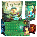 Living Forest board game complete edition showing the base game box, Kodama expansion box, and game components including a green forest-themed game board and character cards. The artwork features whimsical forest spirits, magical trees, and nature guardians in a vibrant fantasy art style. 