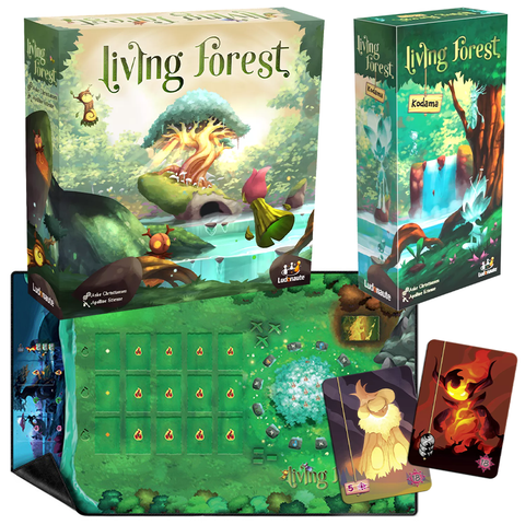Living Forest board game complete edition showing the base game box, Kodama expansion box, and game components including a green forest-themed game board and character cards. The artwork features whimsical forest spirits, magical trees, and nature guardians in a vibrant fantasy art style. 