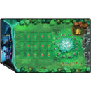 Living Forest neoprene playmat featuring a lush green fantasy forest scene with a glowing magical tree at the center surrounded by stone circles. The mat displays a grid of flame symbols on the left side and scattered guardian animal tokens throughout the mystical woodland landscape. Ornate golden text reading "Living Forest" appears in the bottom right corner of this vibrant gaming surface.