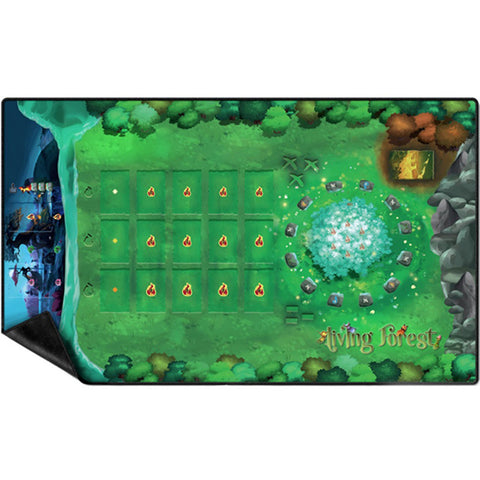Living Forest neoprene playmat featuring a lush green fantasy forest scene with a glowing magical tree at the center surrounded by stone circles. The mat displays a grid of flame symbols on the left side and scattered guardian animal tokens throughout the mystical woodland landscape. Ornate golden text reading "Living Forest" appears in the bottom right corner of this vibrant gaming surface.
