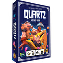Quartz: The Dice Game board game box featuring colorful cartoon artwork of two dwarven miners with pickaxes emerging from a mine shaft filled with glowing crystals. The deep blue box displays the game title in bold white letters, with decorative Celtic-style borders.