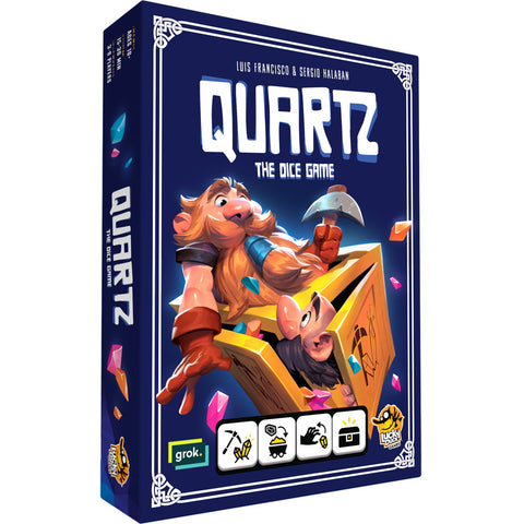 Quartz: The Dice Game board game box featuring colorful cartoon artwork of two dwarven miners with pickaxes emerging from a mine shaft filled with glowing crystals. The deep blue box displays the game title in bold white letters, with decorative Celtic-style borders.