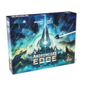 Andromeda's Edge board game box featuring a dramatic sci-fi space scene with towering crystalline structures, spaceships, and swirling nebulae in vibrant blues and greens. The box art depicts an alien landscape with geometric crystal formations rising from rocky terrain under a starry sky filled with cosmic phenomena. 