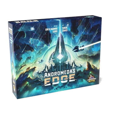 Andromeda's Edge board game box featuring a dramatic sci-fi space scene with towering crystalline structures, spaceships, and swirling nebulae in vibrant blues and greens. The box art depicts an alien landscape with geometric crystal formations rising from rocky terrain under a starry sky filled with cosmic phenomena. 