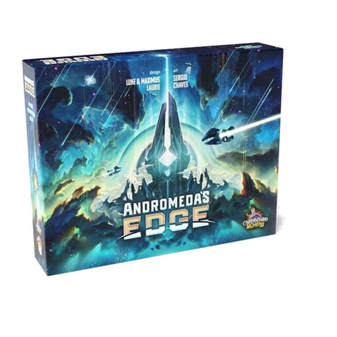 Andromeda's Edge board game box featuring a dramatic sci-fi space scene with towering crystalline structures, spaceships, and swirling nebulae in vibrant blues and greens. The box art depicts an alien landscape with geometric crystal formations rising from rocky terrain under a starry sky filled with cosmic phenomena. 
