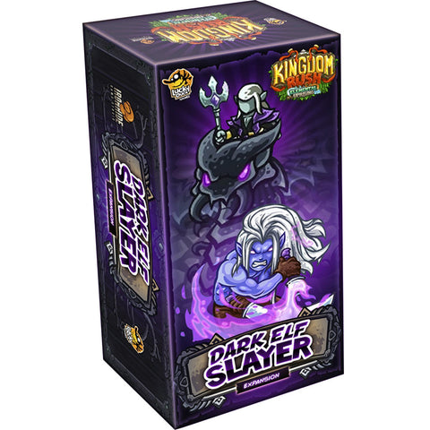 Kingdom Rush: Elemental Uprising - Dark Elf Slayer expansion box featuring dramatic purple artwork with a hooded rider on a dark creature and a blue-skinned warrior with white hair. The box displays the "Dark Elf Slayer" expansion name prominently at the bottom with fantasy-themed character illustrations. 