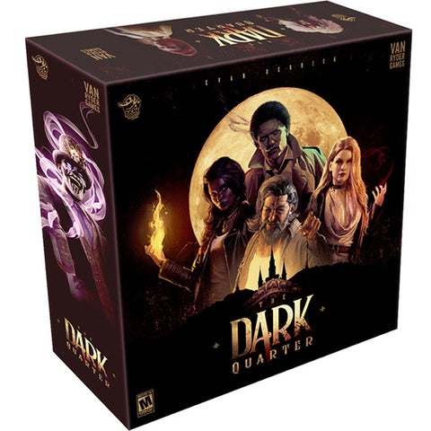 Box art for "The Dark Quarter" showcases supernatural elements including magical flames and mystical energy, emphasizing the game's blend of 1980s New Orleans and occult themes. The box displays the mature rating symbol and Van Ryder Games logo in the corners.