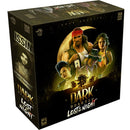 Box art for The Dark Quarter: Lost to the Night board game by Van Ryder Games. The black box prominently displays the game title and shows character illustrations including a man with a red bandana, a woman with curly hair, another with a punk hairstyle, and a mysterious figure in a hat holding a playing card.