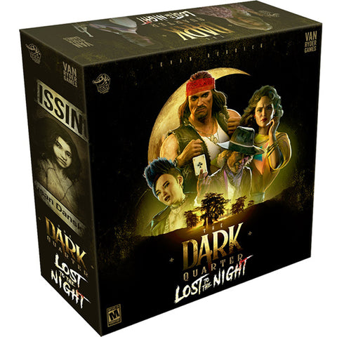 Box art for The Dark Quarter: Lost to the Night board game by Van Ryder Games. The black box prominently displays the game title and shows character illustrations including a man with a red bandana, a woman with curly hair, another with a punk hairstyle, and a mysterious figure in a hat holding a playing card.