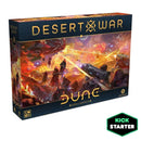 Dune: War for Arrakis board game box featuring dramatic desert warfare artwork with ornithopters flying over rocky terrain under an orange-red sky. The box displays the game's logo in golden lettering against a dark blue banner at the top.
