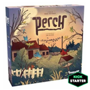 Perch board game box featuring charming illustrated artwork of a rural countryside scene with various colorful birds perched on power lines, trees, and around small houses under a golden sunset sky. The game title "Perch" is prominently displayed in large brown lettering at the center of the box cover.