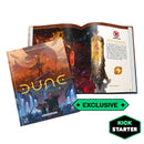 Dune: War for Arrakis Deluxe Rulebook showing both the hardcover book cover and an open spread displaying game content. The cover features dramatic sci-fi artwork with the Dune logo prominently displayed, while the open book reveals colorful game illustrations.
