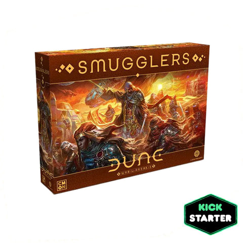 Smugglers expansion box for Dune: War of Arrakis board game featuring dramatic desert warfare artwork with armored figures and vehicles in battle. The box has a rich orange and brown color scheme with ornate golden lettering displaying the "Smugglers" title and Dune branding. 