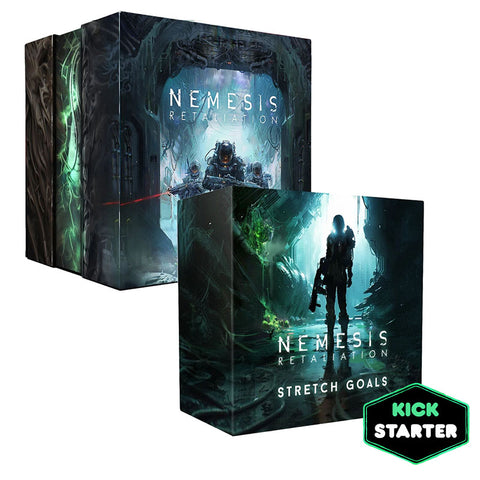 Nemesis: Retaliation board game packaging showing the core box and stretch goals expansion box with dark sci-fi horror artwork featuring armored marines. The boxes display atmospheric cave-like environments with green lighting effects and silhouetted figures in tactical gear. A Kickstarter logo appears in the bottom right corner, indicating this is a crowdfunded edition of the game.