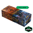 The boxes feature dramatic illustrations with warm orange tones on one side depicting desert scenes and cool blue tones on the other showing futuristic combat scenes.