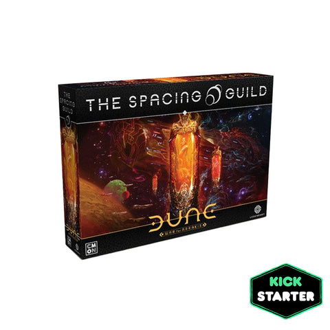 Dune: The Spacing Guild board game box featuring dramatic sci-fi artwork with glowing orange spice harvesters and mysterious desert landscape. The box displays the distinctive Dune branding with ornate lettering against a dark space background filled with stars and nebulae. 