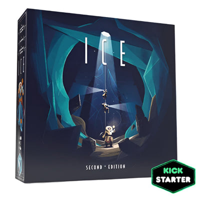 Ice board game Second Edition box showing a dramatic underground ice cavern scene with explorers rappelling down ropes toward ancient ruins below. 
