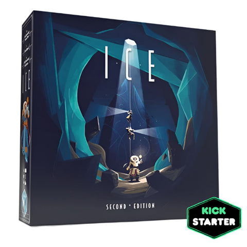 Ice board game Second Edition box showing a dramatic underground ice cavern scene with explorers rappelling down ropes toward ancient ruins below. 