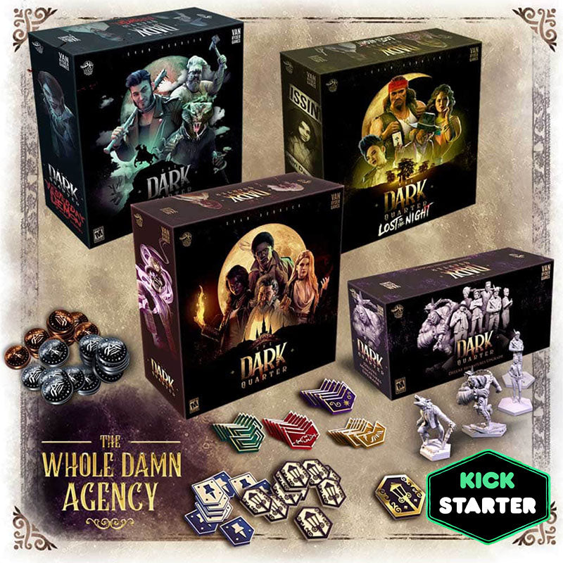 Collection of Dark Quarter board game boxes. 