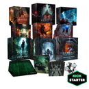 Complete Nemesis Retaliation board game collection featuring multiple expansion boxes with dark sci-fi artwork depicting space marines, alien creatures, and futuristic environments in predominantly blue, red, and green color schemes. The collection includes the core game box, several expansion boxes, a large green playmat, artbook, and other accessories arranged in a promotional display layout. 