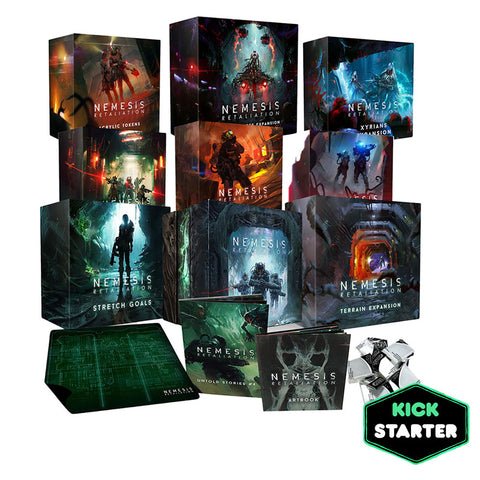 Complete Nemesis Retaliation board game collection featuring multiple expansion boxes with dark sci-fi artwork depicting space marines, alien creatures, and futuristic environments in predominantly blue, red, and green color schemes. The collection includes the core game box, several expansion boxes, a large green playmat, artbook, and other accessories arranged in a promotional display layout. 