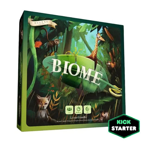 Biome Deluxe board game box featuring lush jungle artwork with various animals including a monkey, giraffe, and fox amid green foliage and trees. The game title 'BIOME' appears prominently on a green leaf-shaped banner across the center of the vibrant nature scene. 