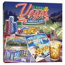 The box cover art for "Lords of Vegas: Americana" expansion, featuring a vibrant Vegas-style neon sign above an assortment of gambling and Americana imagery. The foreground displays poker chips, stacks of cash, a slice of apple pie, and vintage-style postcards.