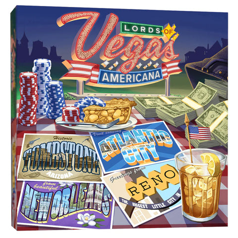 The box cover art for "Lords of Vegas: Americana" expansion, featuring a vibrant Vegas-style neon sign above an assortment of gambling and Americana imagery. The foreground displays poker chips, stacks of cash, a slice of apple pie, and vintage-style postcards.