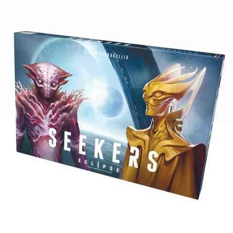 Board game box for 'Seekers: Eclipse' with two alien figures in front of a planetary landscape