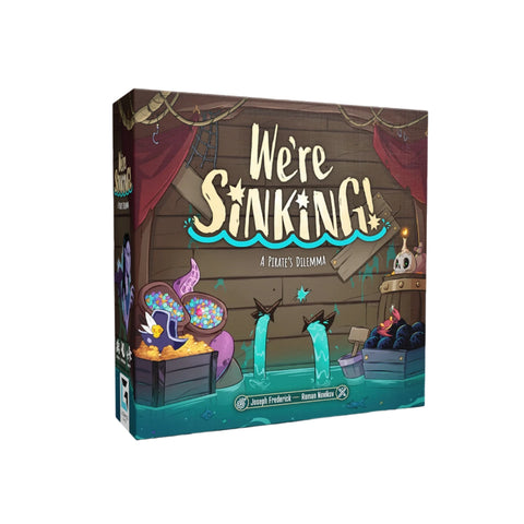 Box art for "We're Sinking!", a pirate-themed board game featuring a sinking ship with turquoise water seeping in and treasure chests visible. The illustrated cover shows colorful tentacles emerging from water, treasure chests with gold coins and gems, and nautical elements like ropes and a skull, all presented in a whimsical cartoon style.