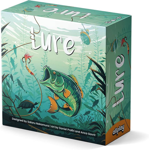 Box art for Lure showing the game's packaging with an underwater fishing theme. The teal-colored box features an illustrated bass fish jumping at a fishing lure against a background of aquatic plants and silhouettes of other fish.