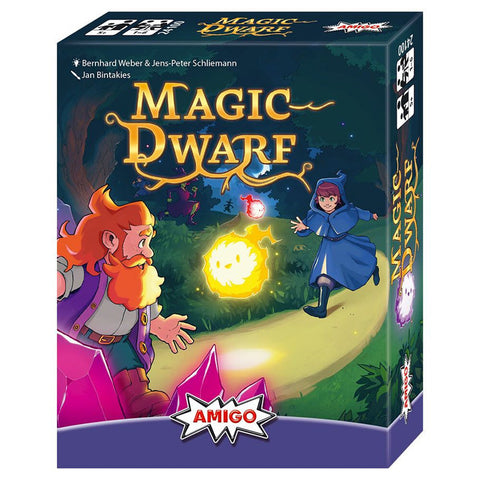 Magic Dwarf board game box featuring colorful fantasy artwork with a red-bearded dwarf character on the left and a blue-robed apprentice on the right, connected by a glowing yellow magical orb. The box displays the game title in large golden letters against a mystical forest background with purple and green tones.