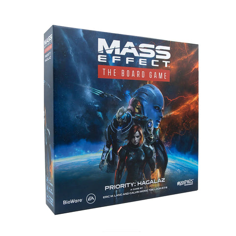 Mass Effect: The Board Game – Priority: Hagalaz box featuring dramatic sci-fi artwork with armored characters against a cosmic backdrop of planets and nebulae. The box displays the iconic Mass Effect logo prominently at the top, with "THE BOARD GAME" in bold red lettering below. The cover art shows Commander Shepard and squad members in their distinctive N7 and alien armor, set against a deep space scene with blue and orange cosmic effects.
