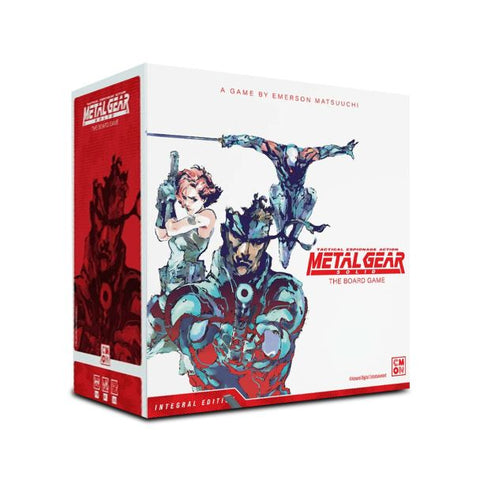 Metal Gear Solid: The Board Game Integral Edition box featuring colorful anime-style artwork of four main characters including Solid Snake and other protagonists against a white background. The large red and white game box displays the Metal Gear Solid logo prominently with 'A Game by Emerson Matsuuchi' credited at the top. The packaging design combines bold red branding elements with detailed character illustrations in a dynamic action pose composition.