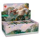 Modern Horizons 3 Play Booster Display Box featuring a white-maned lion humanoid with a golden axe on a lush fantasy landscape backdrop. The box contains 36 individually packaged booster packs arranged in rows, with GUARANTEED FOIL IN EVERY PACK! prominently displayed on a green banner. 