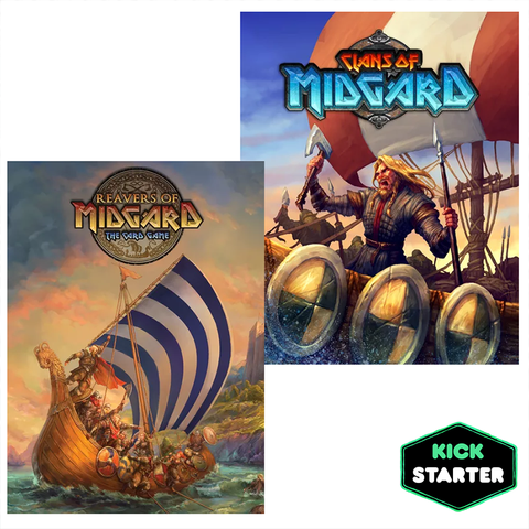 Two Viking-themed board game boxes featuring 'Clans of Midgard' and 'Reavers of Midgard: The Card Game' with dramatic Norse artwork. The Clans of Midgard box shows a bearded Viking warrior on a longship with distinctive blue and orange title lettering, while the Reavers box depicts Vikings on a striped-sail vessel with golden title text. 