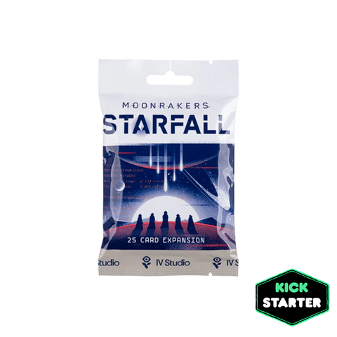 Moonrakers Starfall expansion pack featuring a white pouch-style package with the game's distinctive blue and red space-themed artwork. 