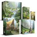 Collection of five Mythwind board game boxes featuring beautiful fantasy artwork with lush green valleys, mountains, and magical creatures in a whimsical art style. The main core game box is prominently displayed alongside four expansion boxes including Friends & Family, Winds of Magic, Expanded Horizons, and an event card pack