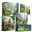Collection of Mythwind board game boxes displayed together, showing the core game and five expansions with lush green fantasy artwork featuring magical valleys, sprites, and characters. The boxes feature consistent branding with elegant white script lettering against scenic backgrounds of forests, mountains, and mystical landscapes. 