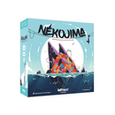Nekojima board game box featuring a stylized island with colorful buildings and electrical poles surrounded by turquoise ocean waters. The box art shows a whimsical Japanese-inspired island with orange and purple structures connected by power lines, with cats visible on the cables, all set against a light blue sky with white clouds.