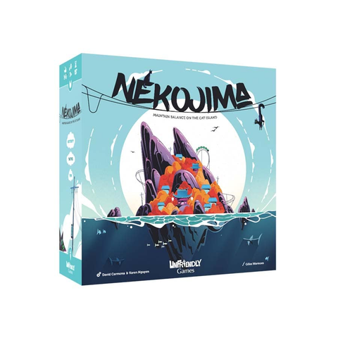 Nekojima board game box featuring a stylized island with colorful buildings and electrical poles surrounded by turquoise ocean waters. The box art shows a whimsical Japanese-inspired island with orange and purple structures connected by power lines, with cats visible on the cables, all set against a light blue sky with white clouds.