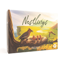 Box cover of the board game Nestlings showing a parent bird feeding baby birds in a nest on a tree branch, with a vibrant yellow landscape and mountains in the background. The artwork features a nature scene with baby birds with open beaks waiting to be fed.