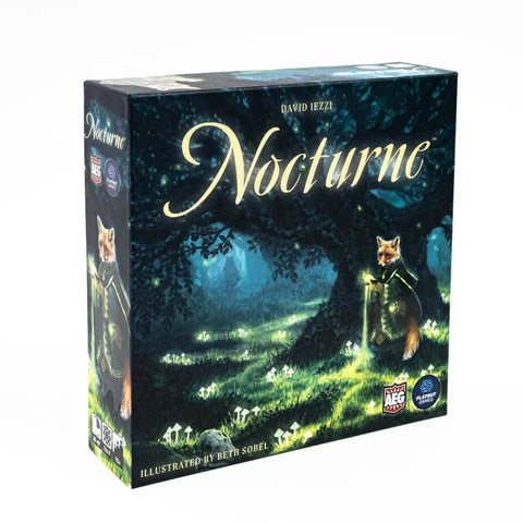 Board game box titled 'Nocturne' with a fox illustration on a dark forest background.