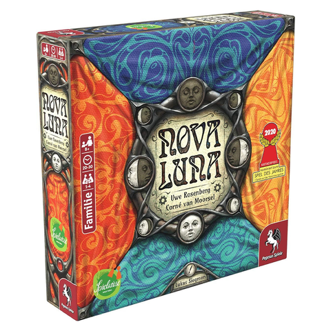 Nova Luna board game box featuring a colorful design with swirling blue, orange, and red patterns surrounding a central metallic plaque with moon phase imagery. The box displays the Pegasus Spiele publisher logo.