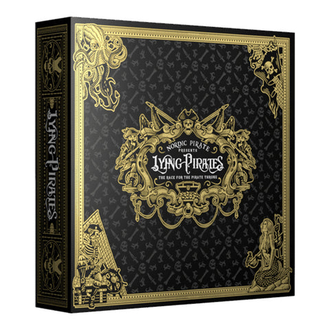 Alt text suggestion:
"Lying Pirates board game box featuring an ornate black and gold pirate-themed design with decorative baroque styling. The box displays the game title 'Lying Pirates' with subtitle 'The Race for the Pirate Throne' surrounded by elaborate golden scrollwork, sea creatures, and pirate imagery including skulls and ships.