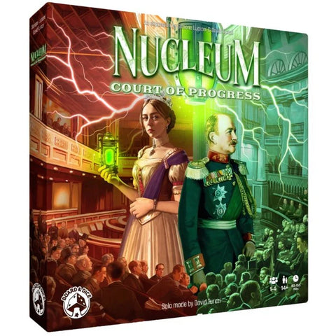 Nucleum: Court of Progress board game box featuring artwork of a Victorian-era woman in a purple dress and a military officer in a green uniform standing in an ornate parliamentary chamber. The box art uses a split design with warm red and orange tones on the left side showing the legislative chamber interior, and cool green tones on the right displaying industrial machinery and gears. The game's title appears prominently at the top in large golden letters against the colorful background.