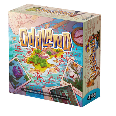 Board game box for 'Oddland' with a colorful map background and picture snapshots. 