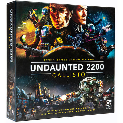 Undaunted 2200: Callisto board game box featuring dramatic sci-fi artwork with armored soldiers and mechs in combat poses against a space backdrop. The box art displays intense orange and blue lighting with futuristic military characters wielding weapons and technology on what appears to be a lunar or planetary surface.