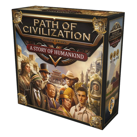 Path of Civilization: A Story of Humankind board game box featuring ornate gold corner decorations and a collage of historical figures from different time periods and cultures. The box art displays diverse characters including leaders, explorers, and innovators arranged around architectural landmarks like castles and pagodas against a warm, sepia-toned background.